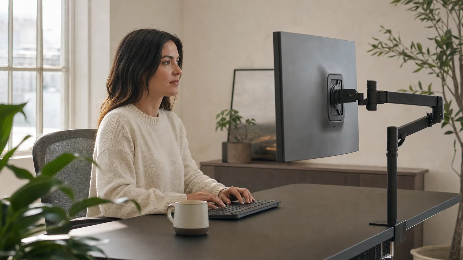 Person sitting upright at a home office desk with a monitor mounted on an articulating arm at eye level, morning light through a window
