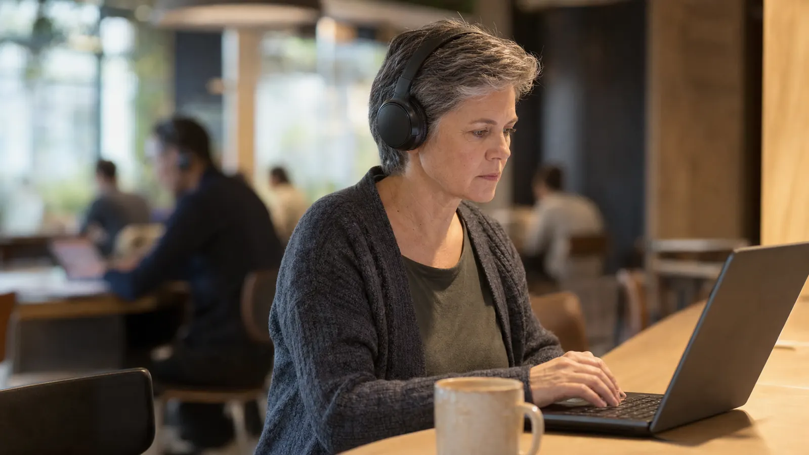 Person wearing over-ear headphones working on a laptop at a small kitchen table coworking space