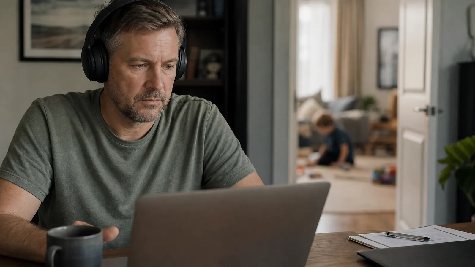 Man working at a home office desk wearing black over-ear headphones while a child plays in the background