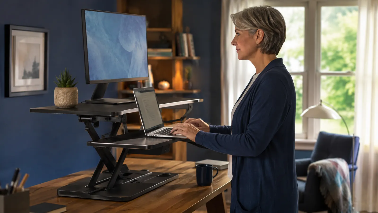 Person standing at a desk converter typing on a laptop with an external monitor raised beside it, soft morning window light