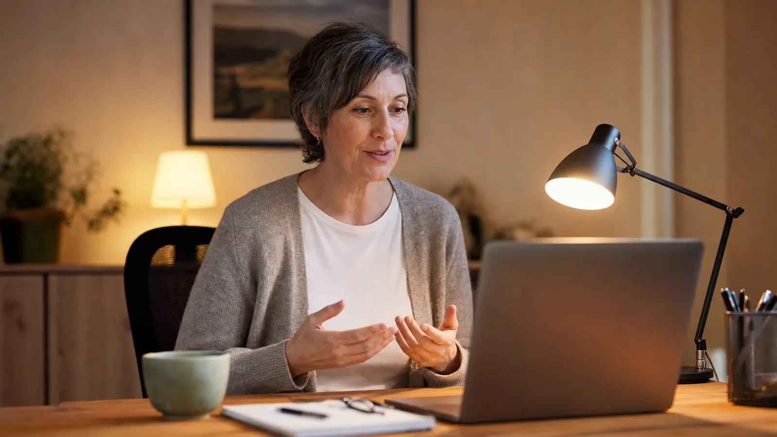 Person on a video call at a home desk, face evenly lit by a small key light clipped to the desk edge, soft morning light in the background
