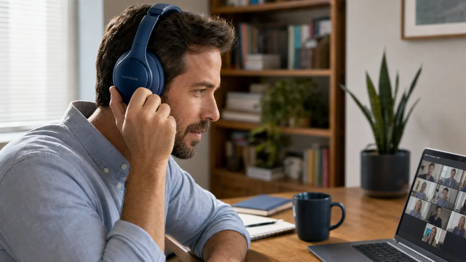 A person at a home desk putting on black over-ear noise cancelling headphones before a video call