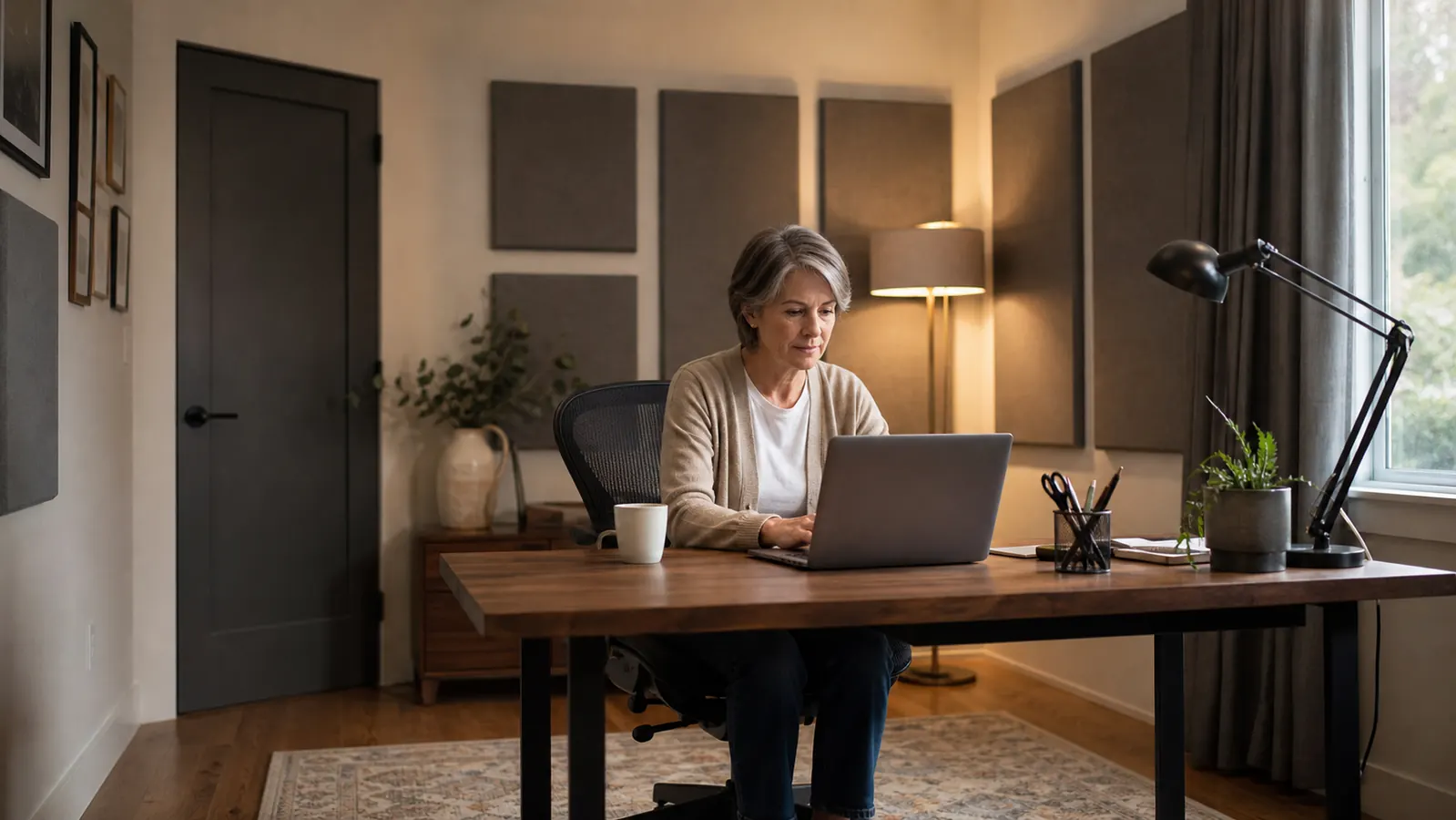 A home office desk positioned against an interior wall with a rug underfoot and curtains on the nearby window, door closed