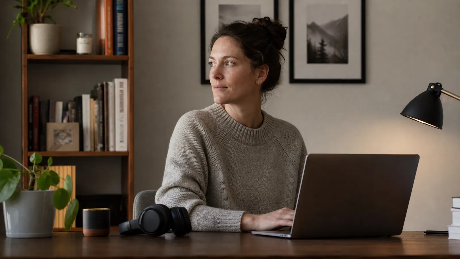 A home office desk with a laptop, notebook, and over-ear headphones resting on the desk, soft morning light through a window behind a closed door