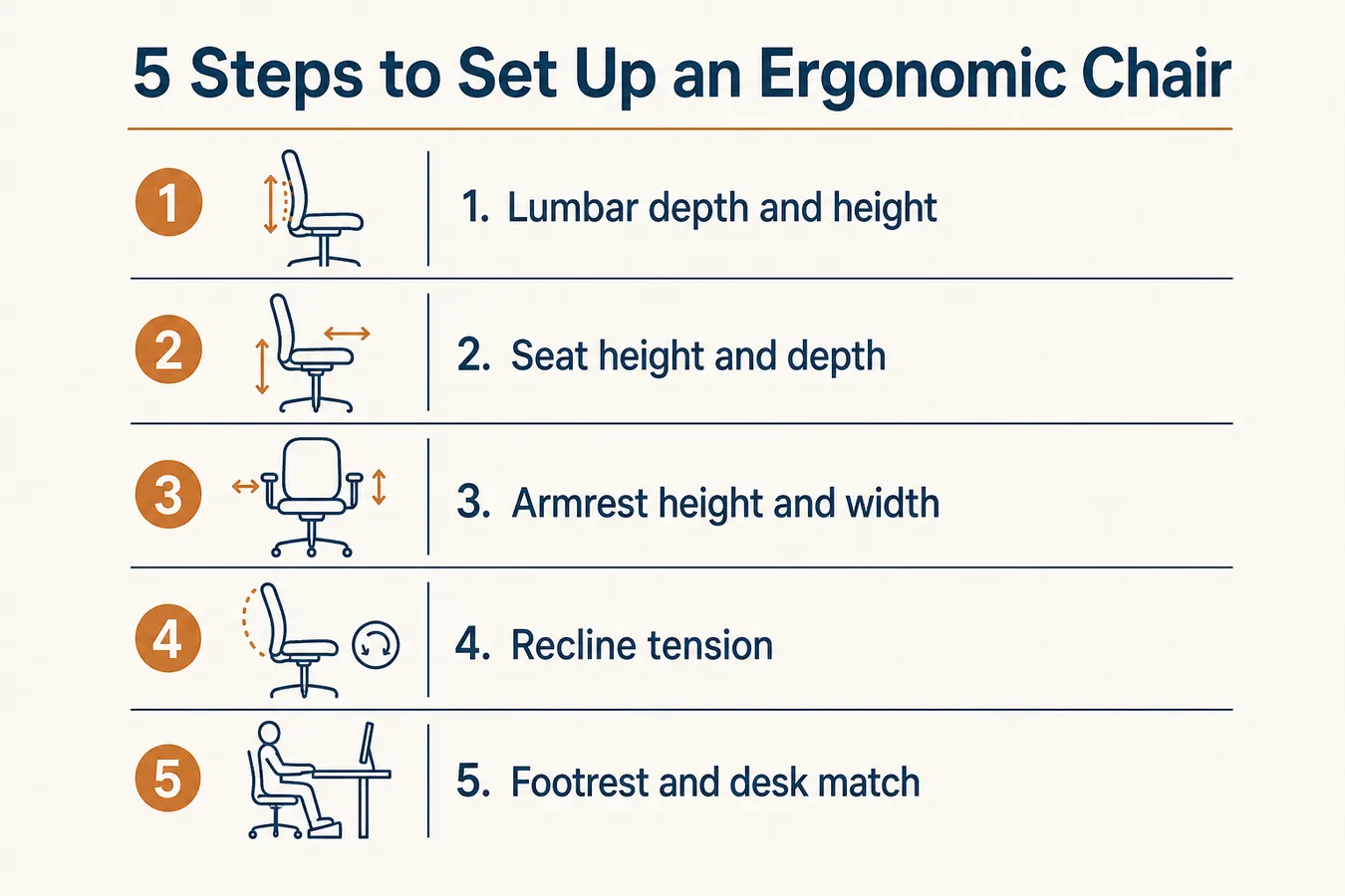 Infographic checklist showing the five steps to setting up an ergonomic chair: lumbar, seat height and depth, armrests, recline tension, and footrest and desk match.