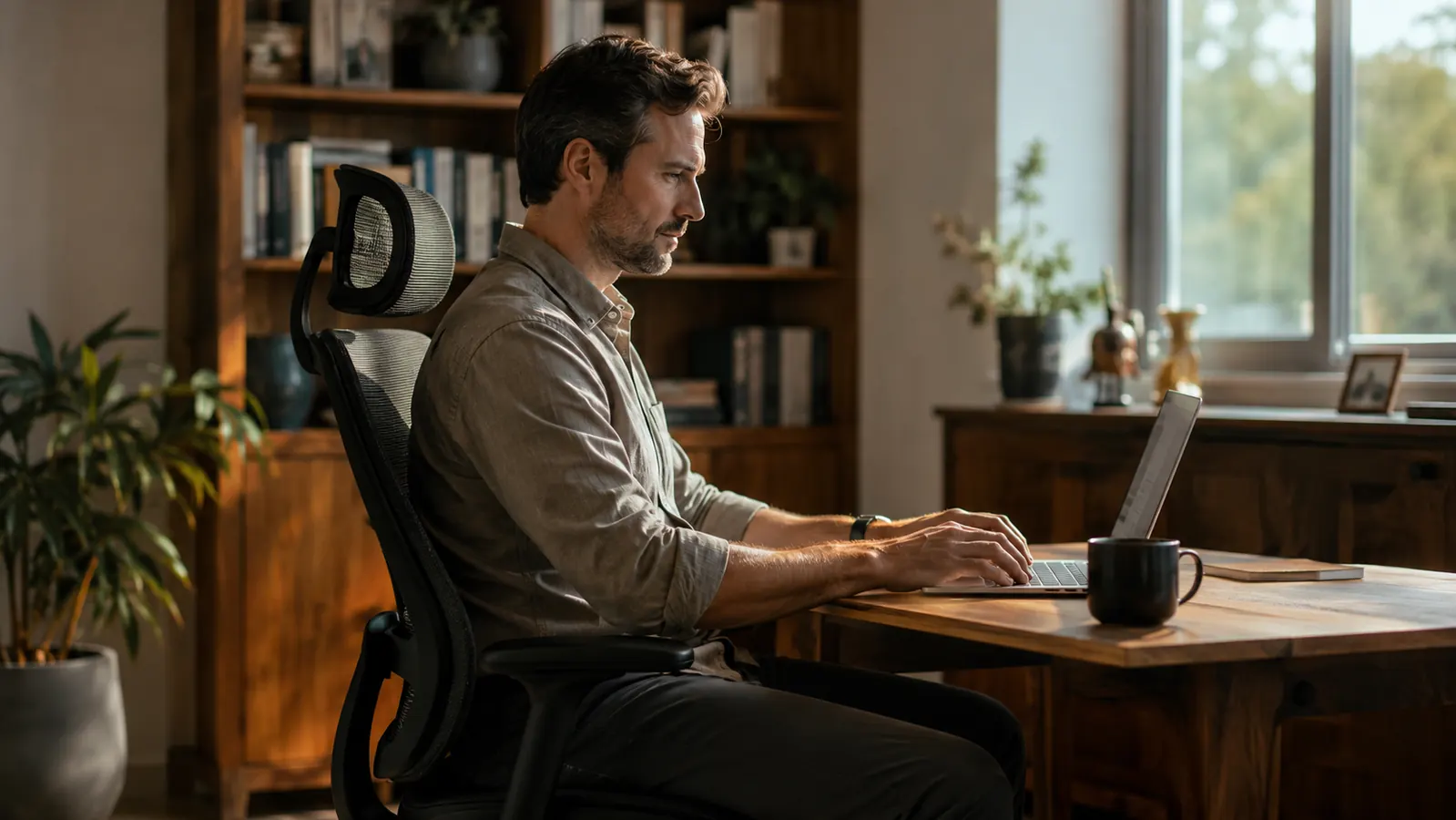 A person sits upright at a home office desk in a mesh ergonomic office chair, feet flat on the floor, soft morning light through a nearby window.
