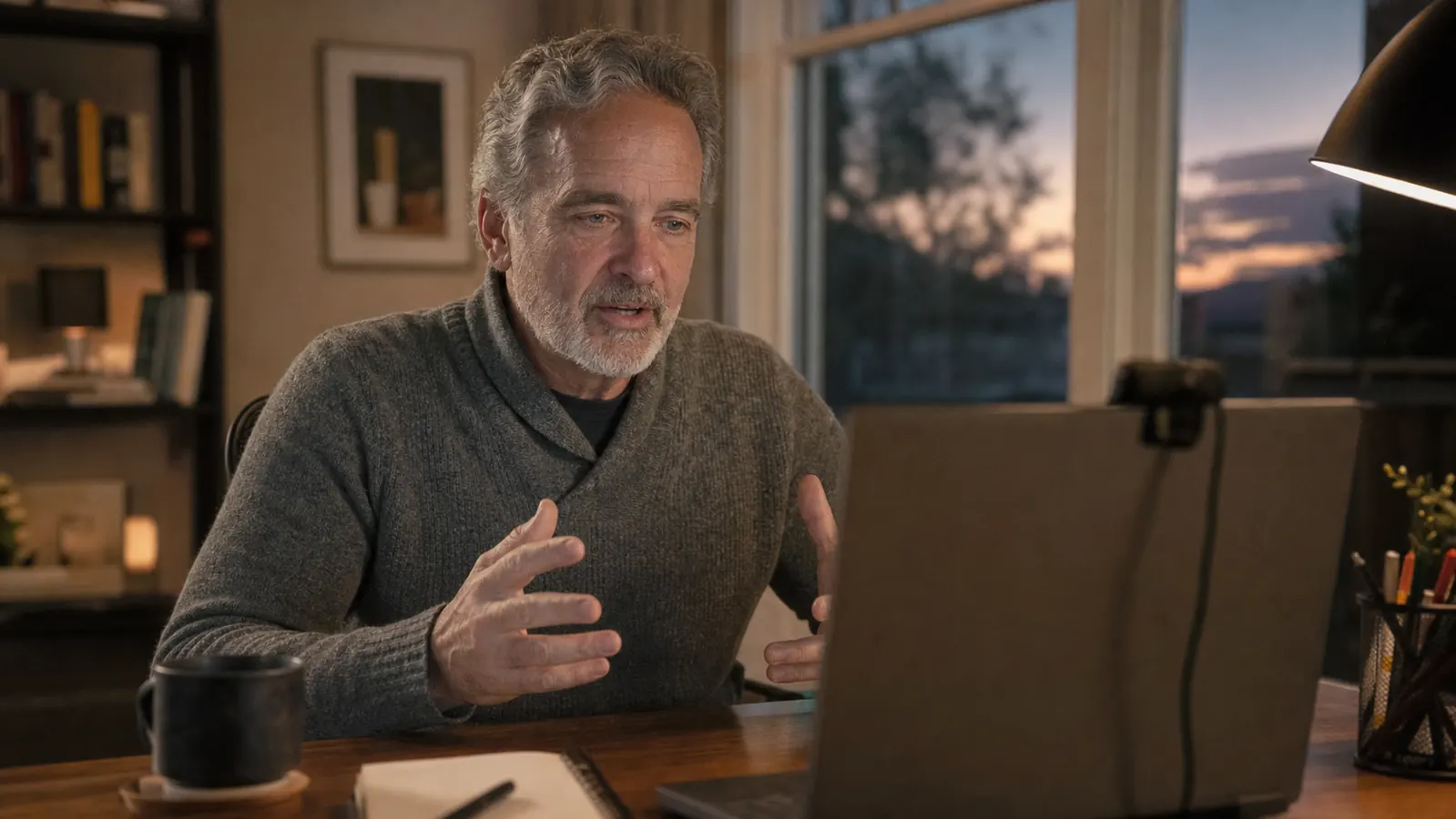 Person on a video call at a home desk, evenly lit face with a soft key light glow, laptop screen showing a clear video call window