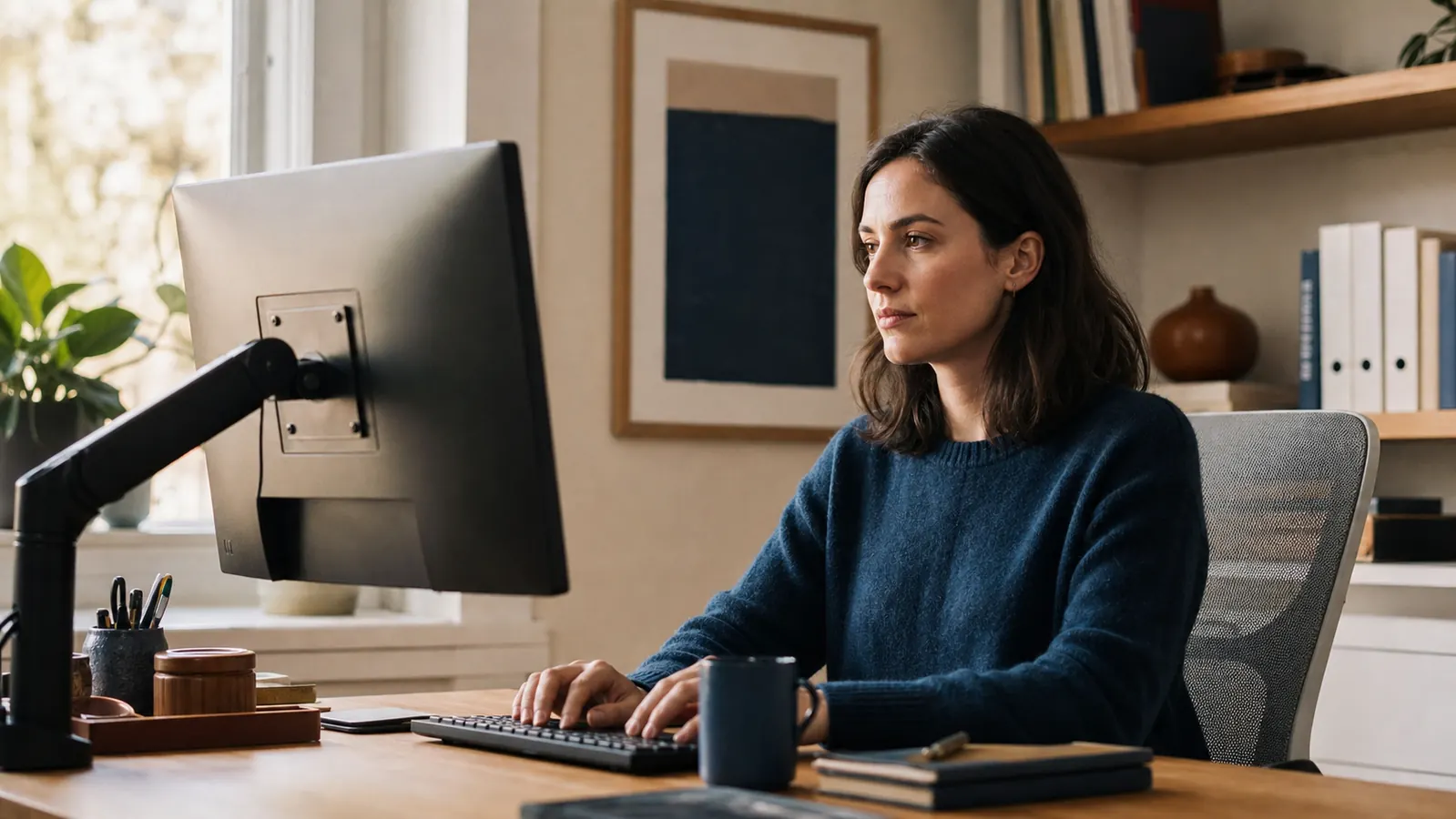 A home office desk with a monitor raised to eye level on an articulating monitor arm