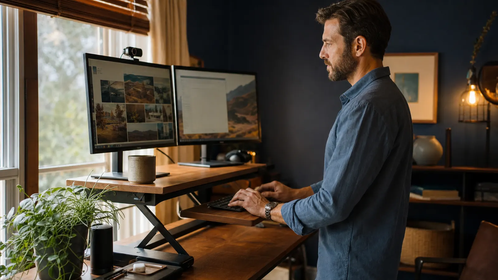 A standing desk converter set up on a home office desk with a laptop and monitor raised to eye level