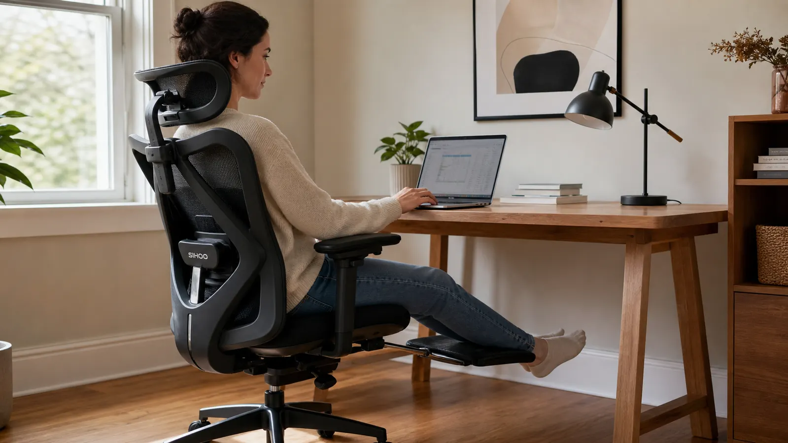 A man sitting in the SIHOO B100 PRO ergonomic mesh office chair at a home desk, footrest extended, working on a laptop