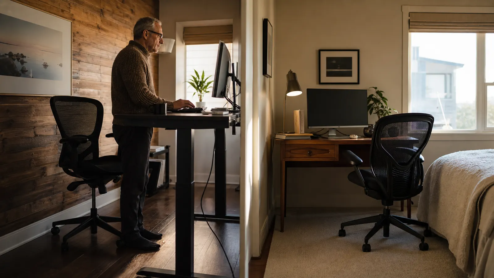 Two separate home office corners in the same apartment, each with a black mesh ergonomic chair at a different desk