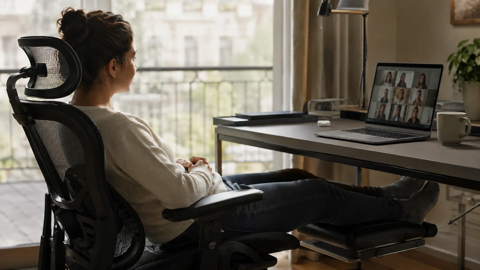 Home office worker leaning back in a mesh office chair with feet up on the built-in footrest while on a video call