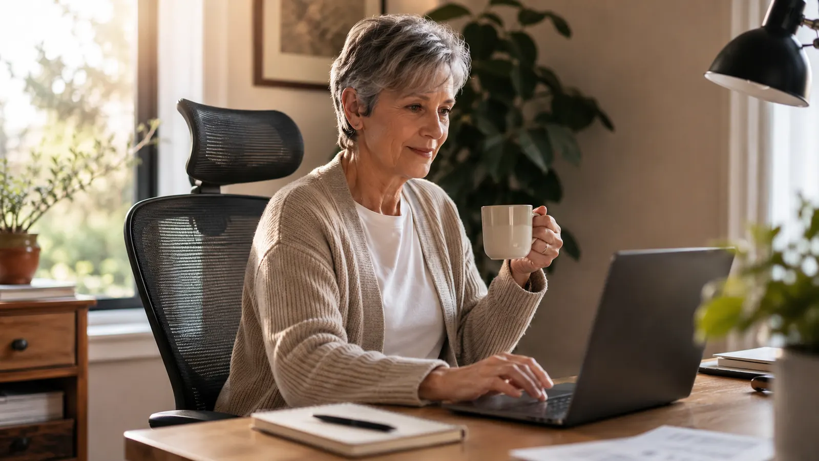 Home office desk setup with a black mesh ergonomic office chair pulled up to a wooden desk in soft morning light