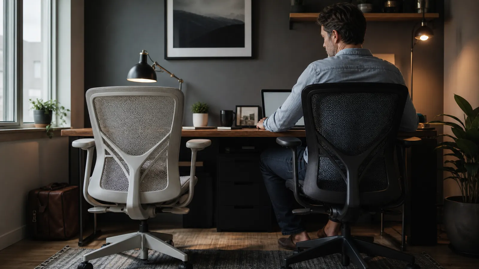 Two office chairs side by side in a home office, a mesh ergonomic chair and a premium design chair, both facing a desk with morning light coming through a window