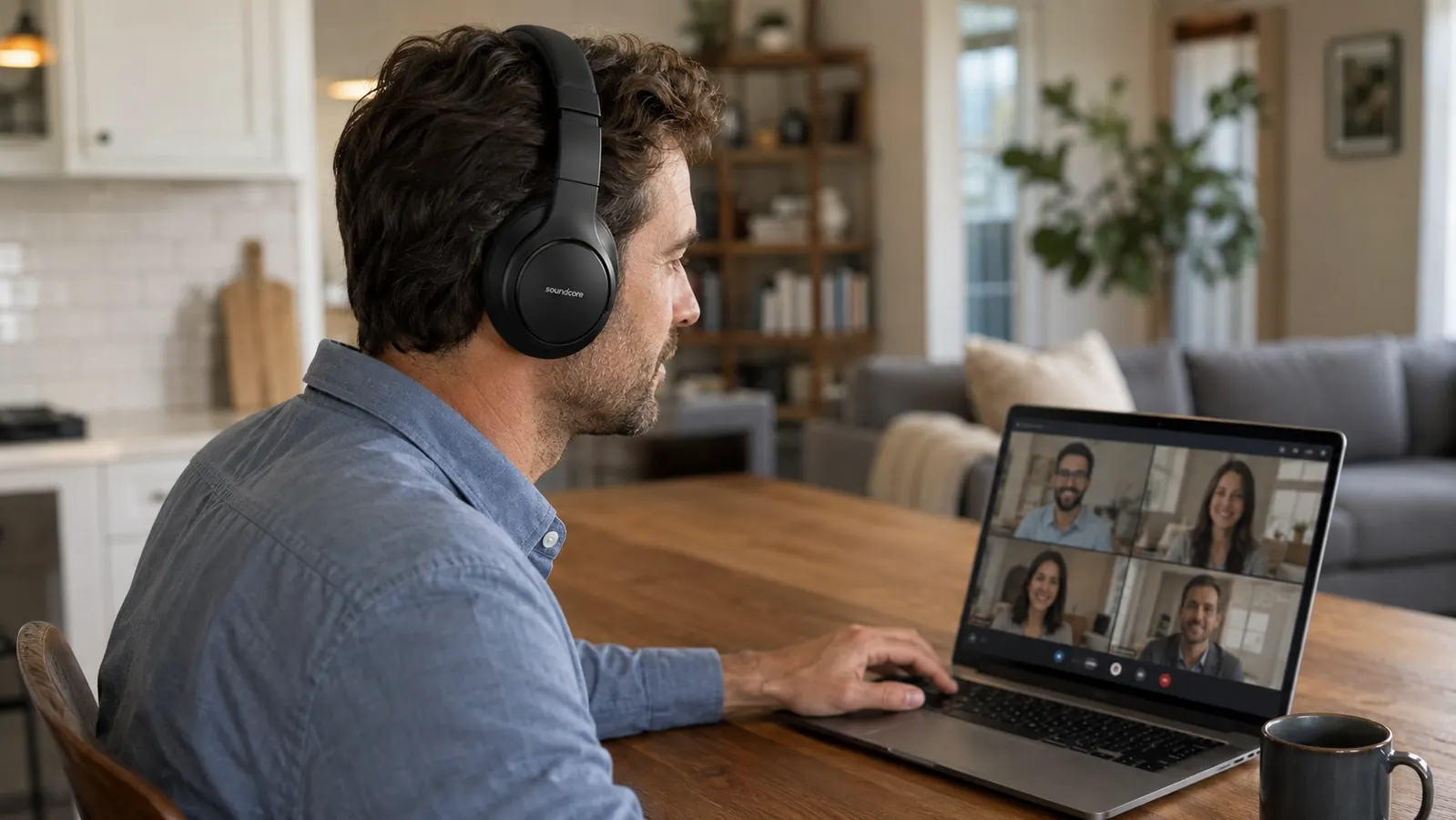 Man wearing black over-ear noise cancelling headphones on a video call at a home dining table desk