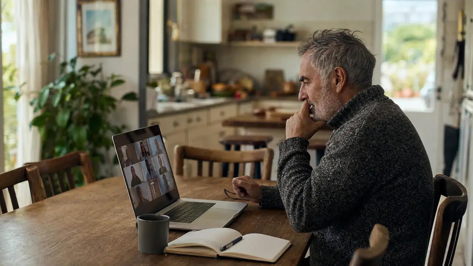 A laptop and coffee mug set up at the end of a dining table serving as a home office in an open-plan house