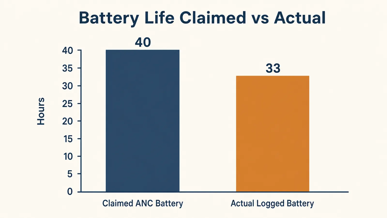 Bar chart comparing the claimed 40 hour ANC battery life to the 33 hours actually logged over eight weeks of testing