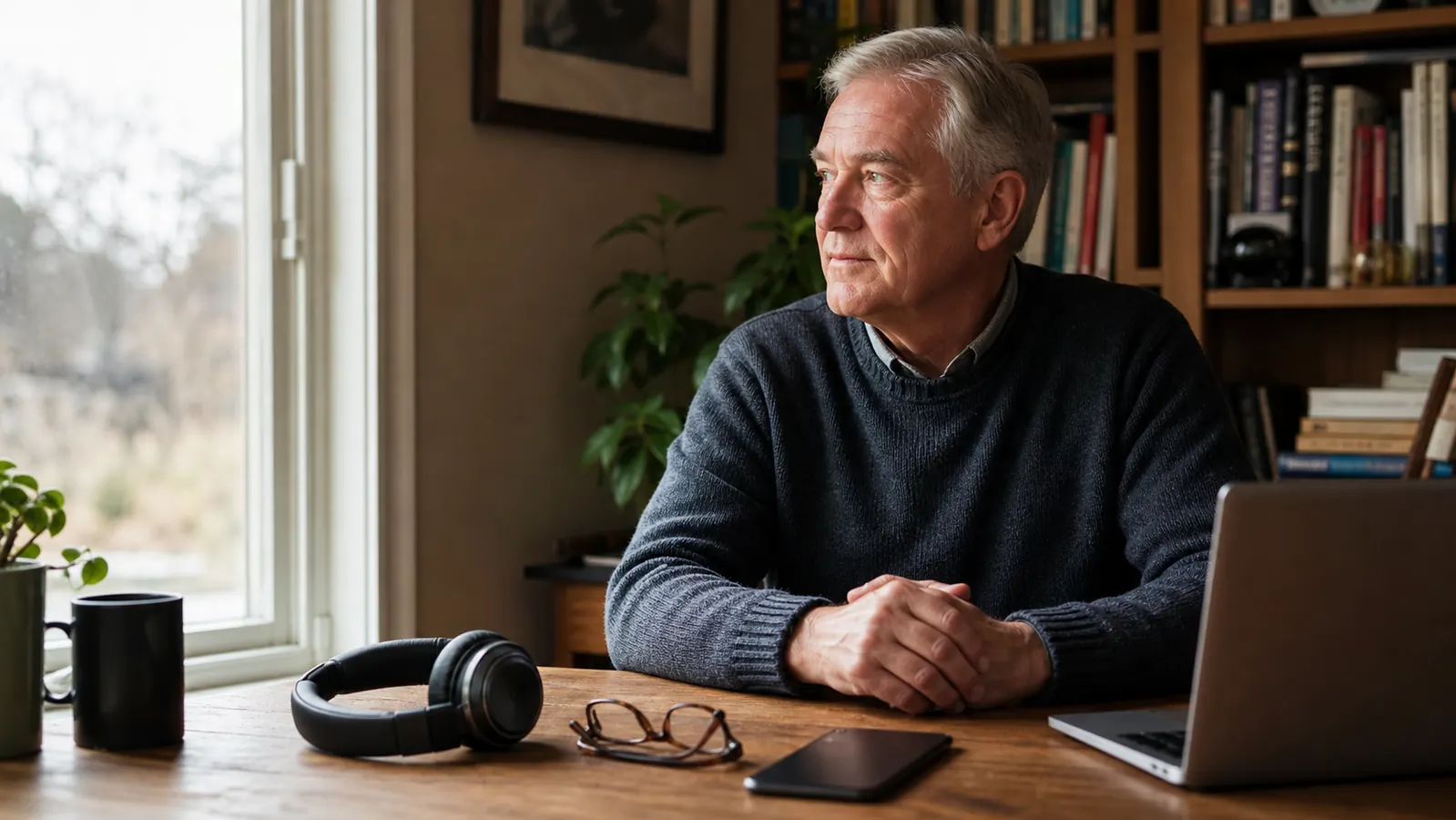 Black over-ear headphones resting on a home office desk next to a pair of glasses and a phone