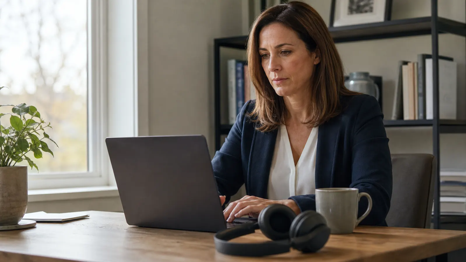 Black over-ear noise cancelling headphones resting on a wooden desk next to a laptop and a mug of coffee in a home office