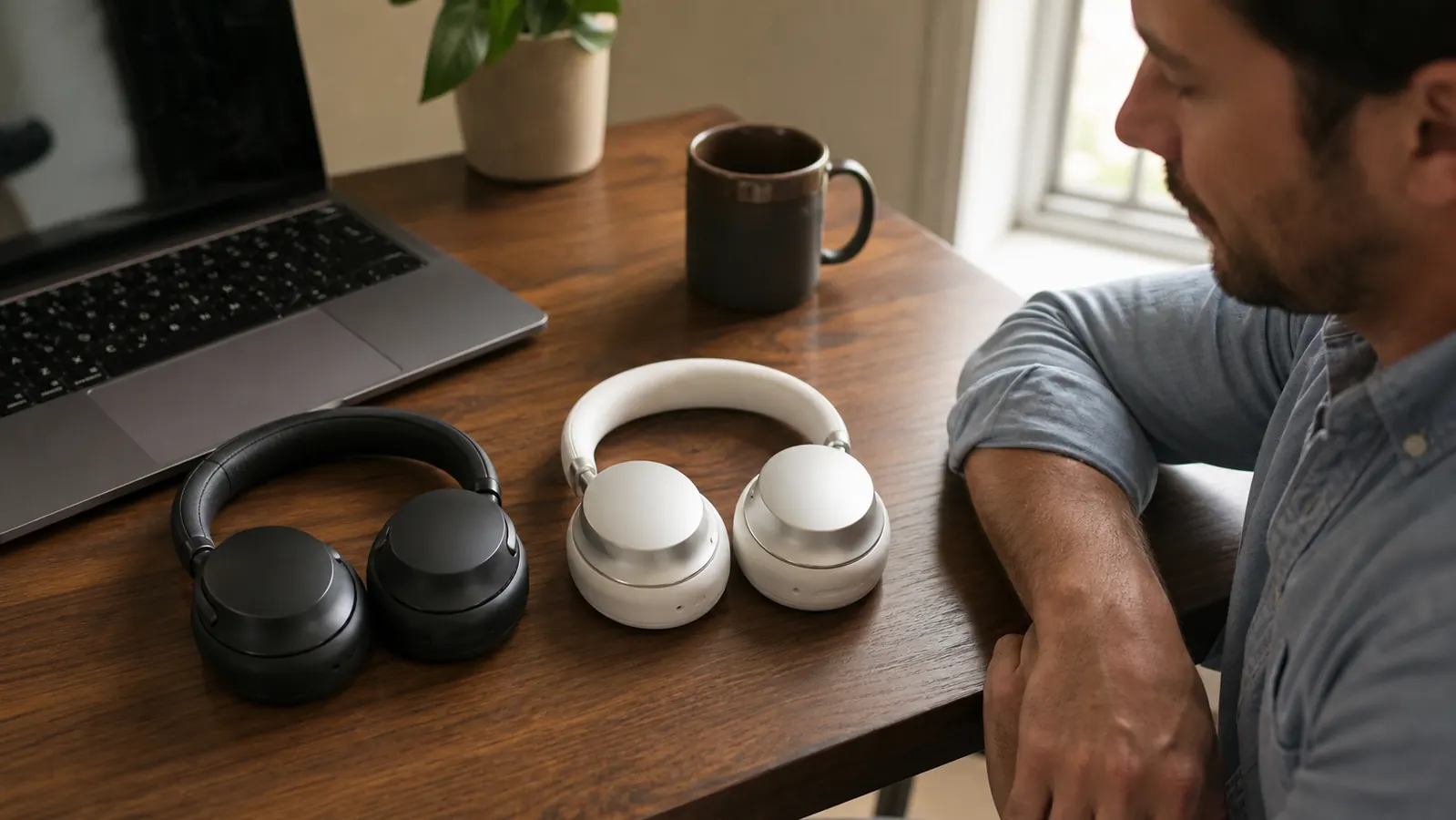 Two pairs of over-ear headphones side by side on a wooden desk, one black and one white, both facing a laptop and coffee mug