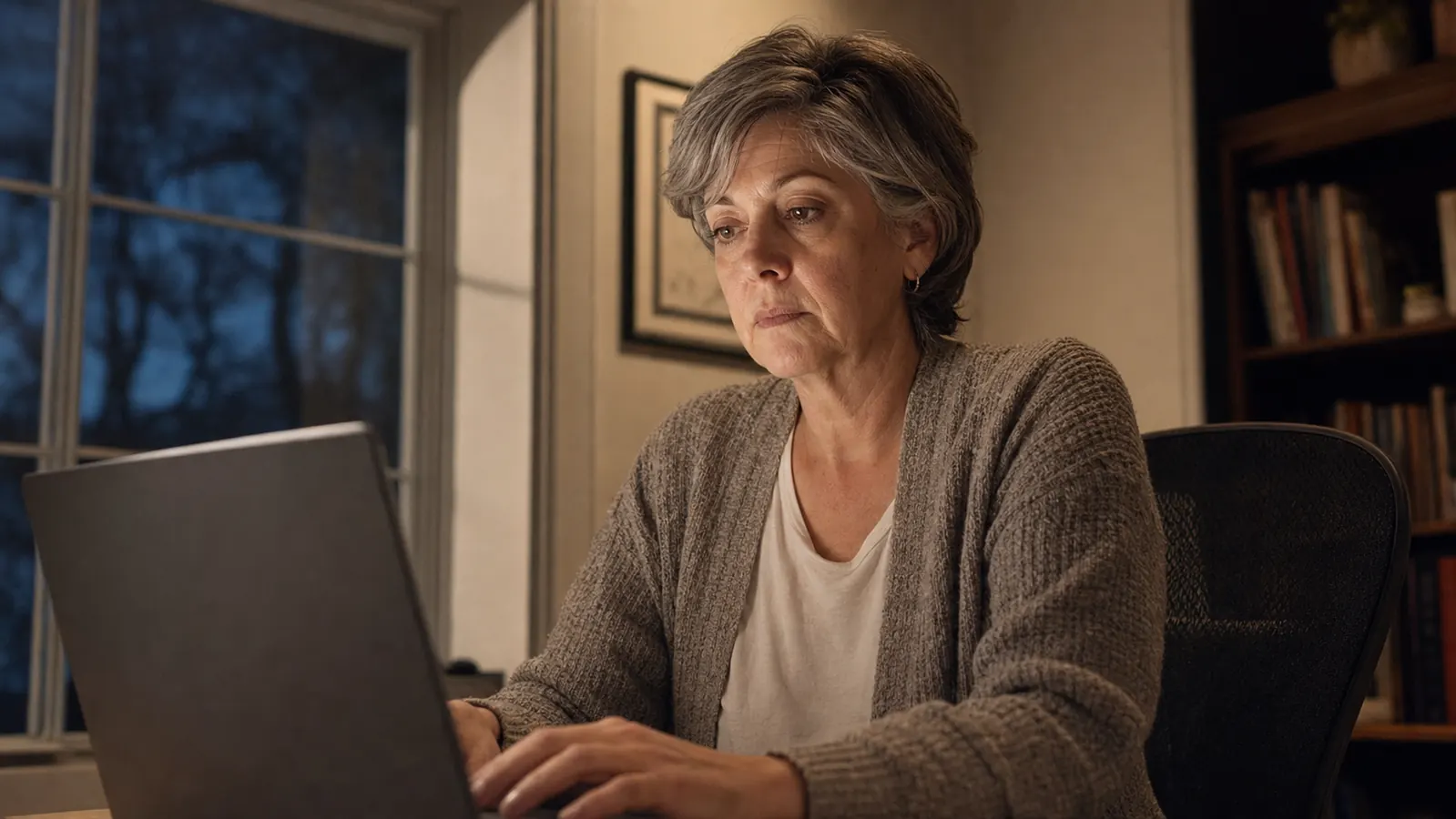A home office desk lit only by an overhead ceiling fixture, laptop screen showing a dim, shadowed video call preview