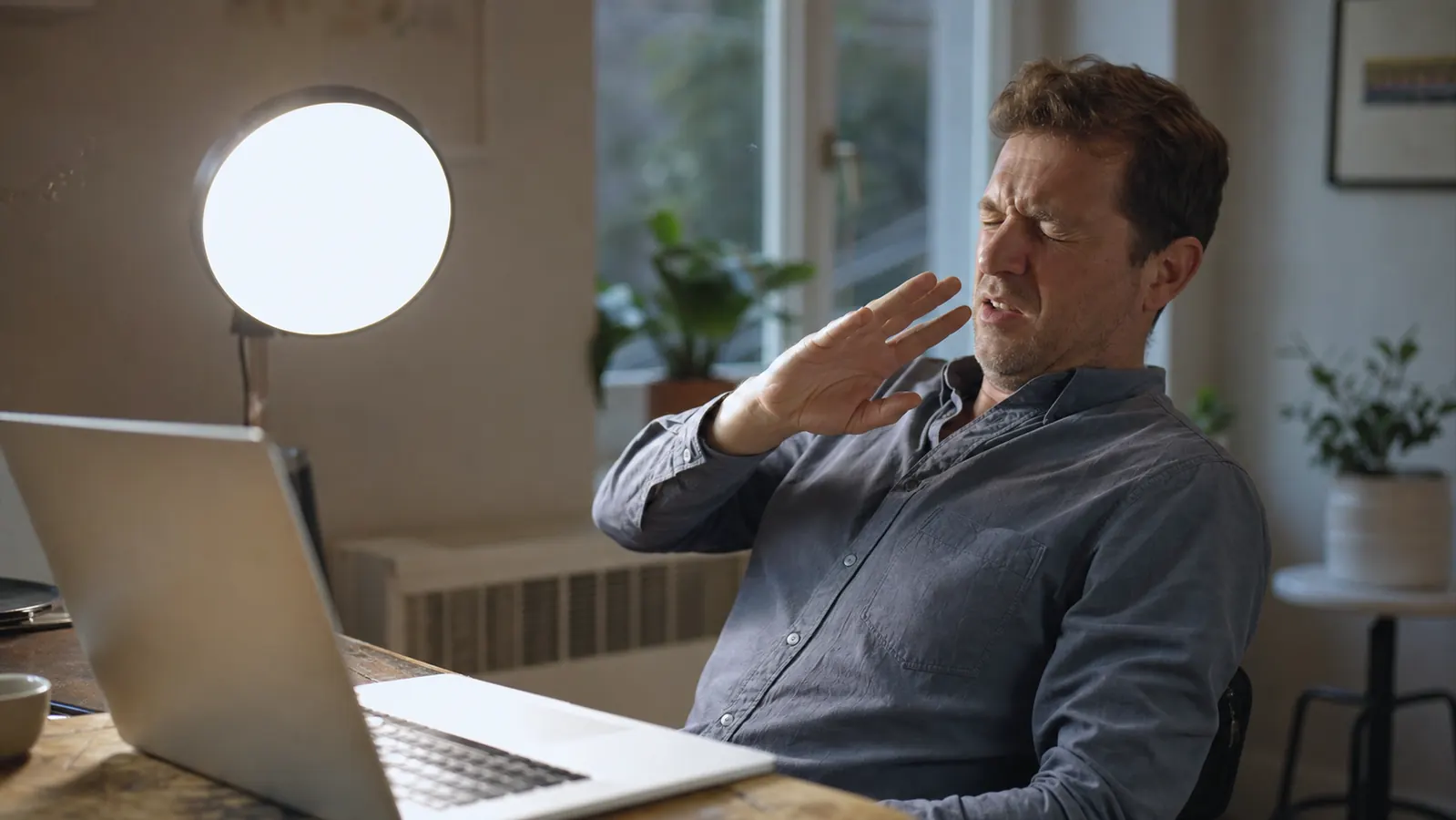 Person leaning back from a laptop and squinting slightly with a bright key light glowing close to their face on a desk