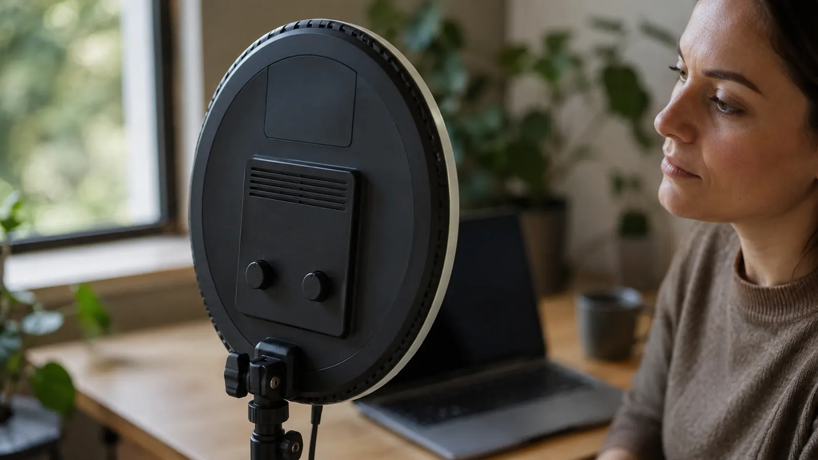 Close view of a round key light's control dials on a desk, unmarked and unlabeled, next to a laptop