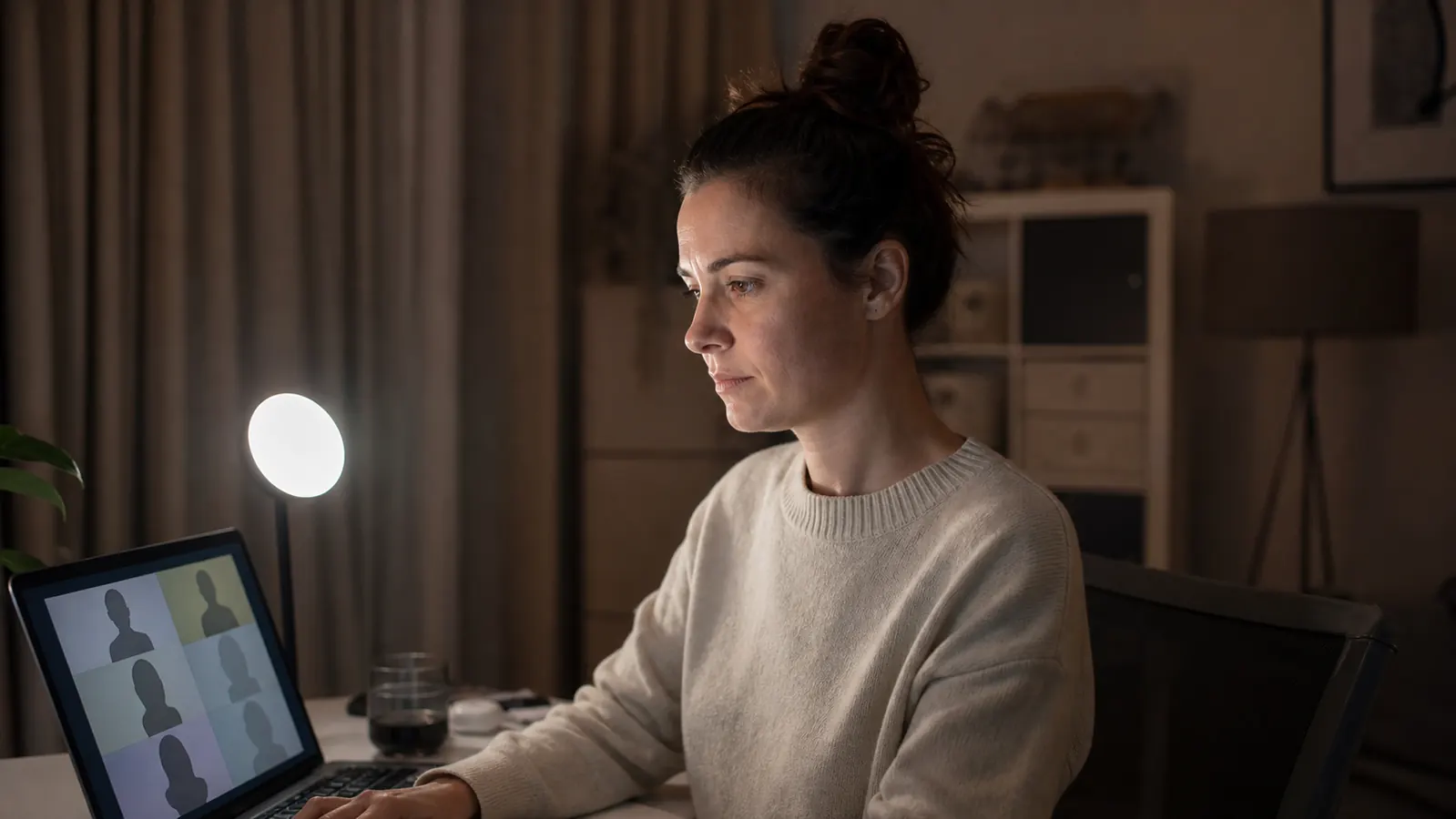 Remote worker on a bright, evenly lit video call at a desk in the evening with a ring light glowing beside the laptop screen