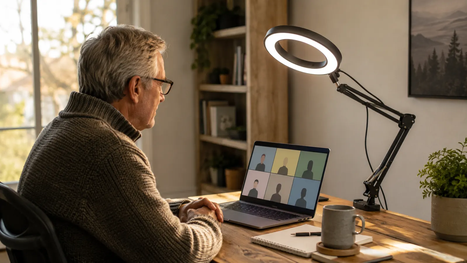 Home office desk with a round key light on an adjustable arm angled toward a laptop during a video call, soft afternoon light through a window