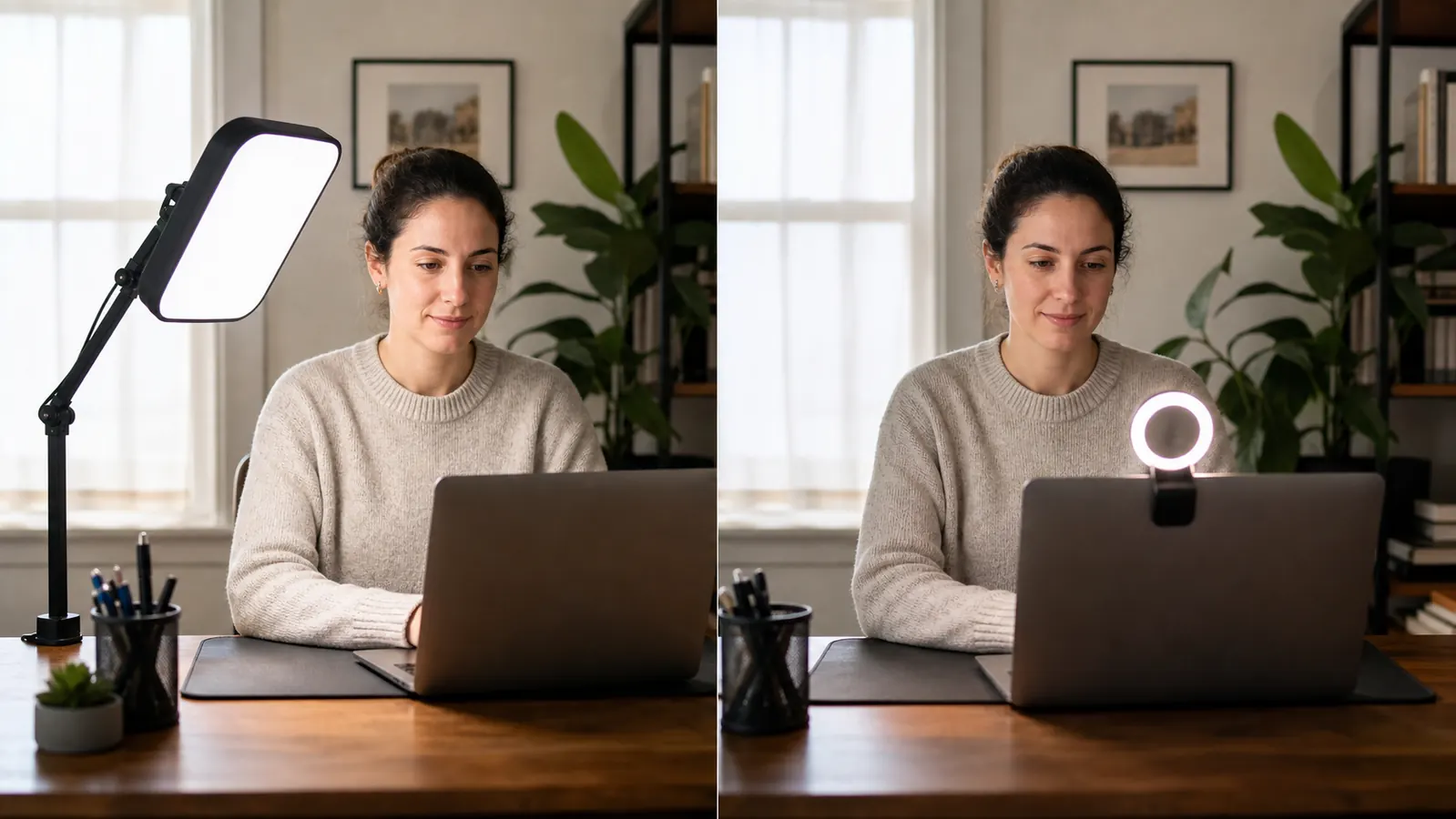 A home office desk split between two lighting setups, on the left a rectangular key light on an adjustable arm clamped to the desk edge lighting a face evenly, on the right a small ring light clipped to a laptop lid