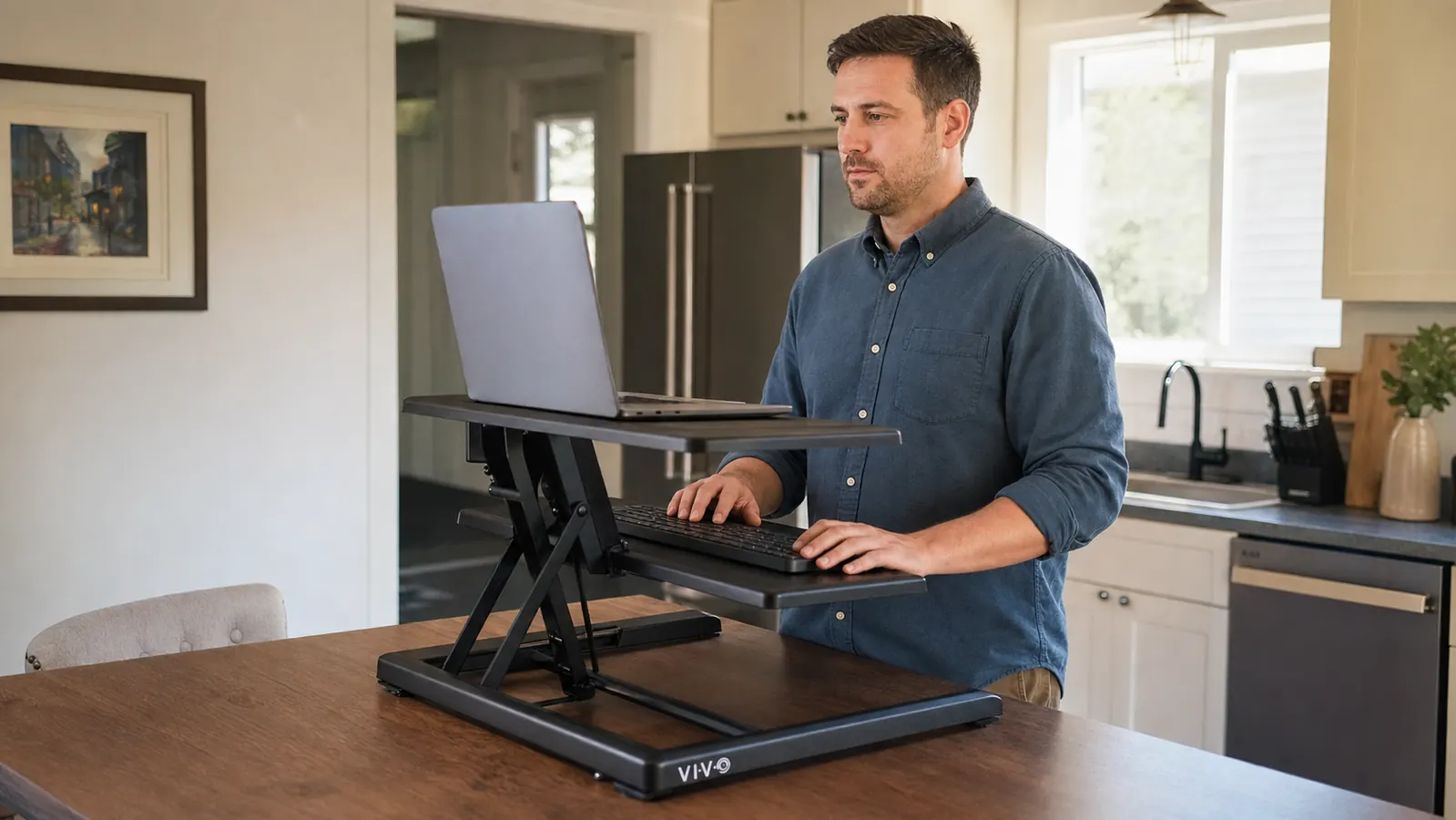 A person standing at a kitchen table desk using the VIVO 42 inch desk converter with a laptop raised to eye level and a keyboard tray below