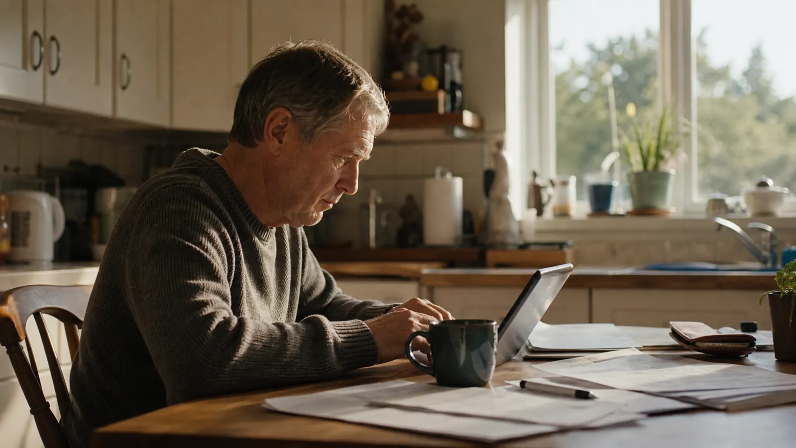 A laptop sitting low on a small kitchen table with a coffee mug and notebook, afternoon light coming through a window