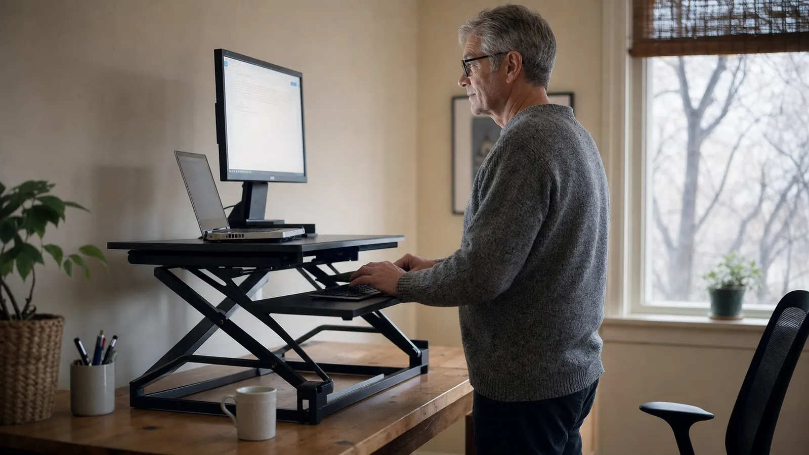 Home office desk with a two-tier black standing desk converter raised to full height, monitor and laptop on top, adult typing while standing