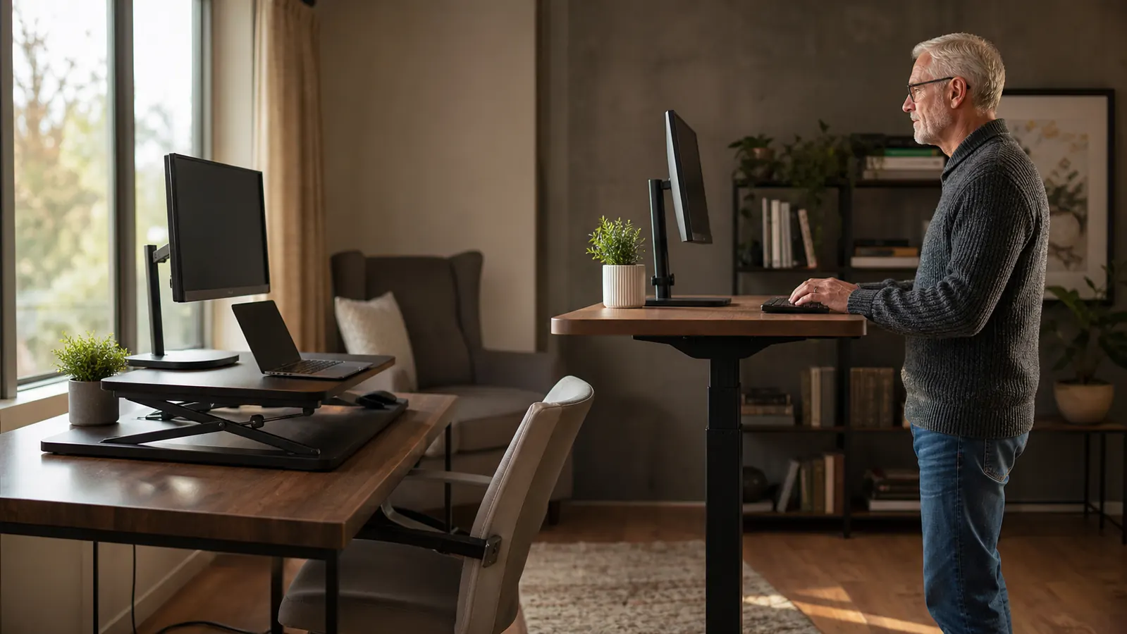 A home office desk with a black desk converter riser holding a laptop and monitor next to a second, separate full standing desk setup in the same room, morning light through a window
