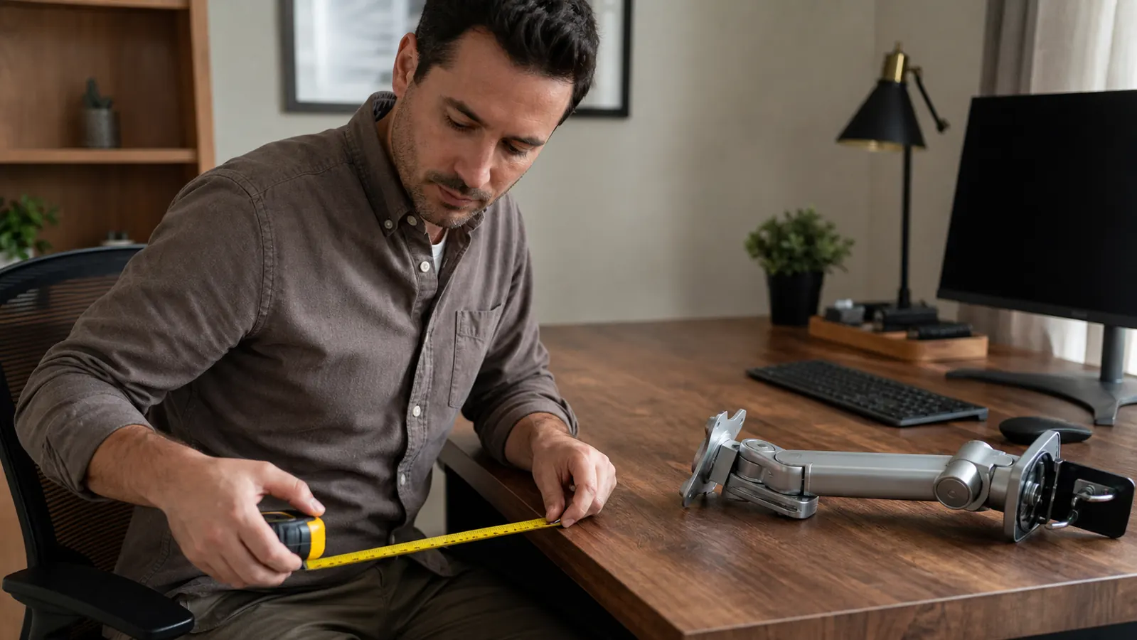 Close-up of a hand measuring the thickness of a desk edge with a tape measure next to an unmounted articulating monitor arm clamp