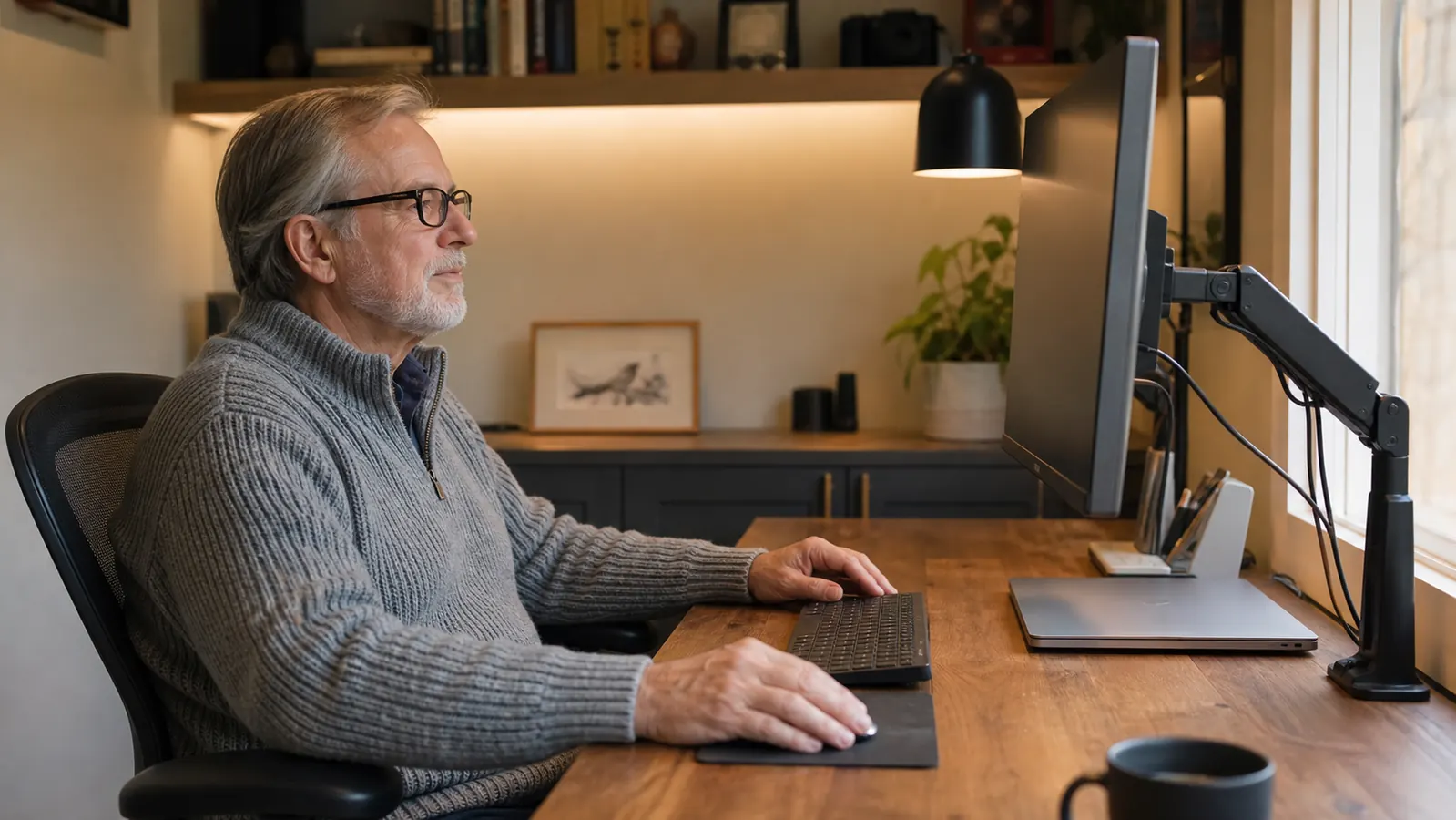 Home office desk with a 27 inch monitor mounted on an articulating silver arm at eye level, laptop off to the side, morning light through a window