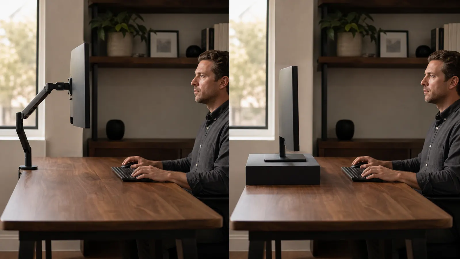 A home office desk with a black articulating monitor arm holding a monitor at eye level next to a second desk setup where a monitor sits low on a simple fixed riser, morning light through a window